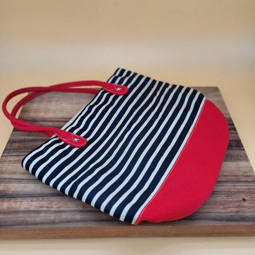 Liz Claiborne Nautical Themed Red & Black Striped Tote Bag, 13.5×11.5×6.5, EUC